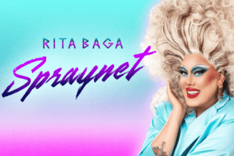 La drag queen Rita Baga, les cheveux bien crêpés, sur l'affiche de son spectacle Spraynet sur la Rive-Nord de Montréal