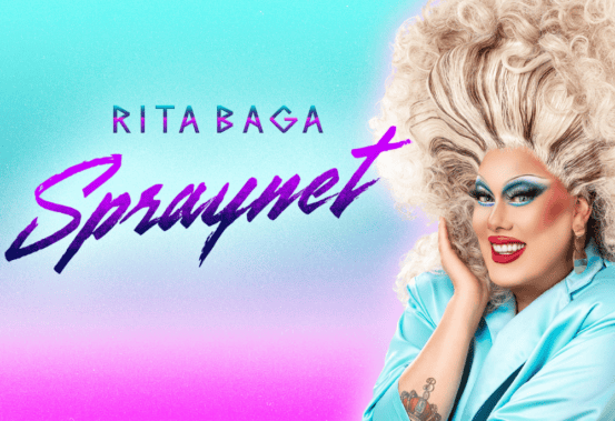 La drag queen Rita Baga, les cheveux bien crêpés, sur l'affiche de son spectacle Spraynet sur la Rive-Nord de Montréal