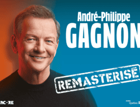 Affiche du spectacle "Remasterisé" d’André-Philippe Gagnon, célèbre imitateur et humoriste québécois, en représentation à Sainte-Thérèse.